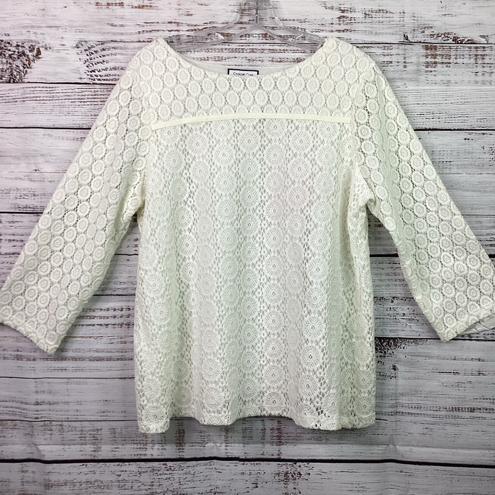 NEW CHARTER CLUB SIZE 0X XL LACE CROCHET TOP WHITE IVORY BLOUSE